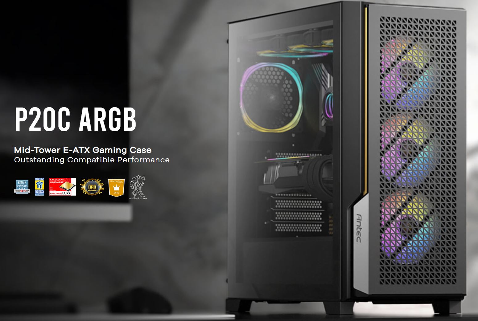 Antec P20C ARGB, ATX, E-ATX, High Airflow, USB-C, Cable management, 4x HDD /SSD , 375mm GPU, 170mm CPU, 3x ARGB PWM 12CM,Fan Control, Case (LS)