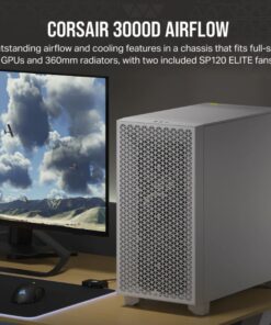 Corsair 3000D AIRFLOW Mid-Tower PC Case - White, Tempered Glass, ATX, 360mm GPU, 170mm CPU, 360mm radiator, 7 slots, USB 3.2, Dust Filtered, 2yr wty