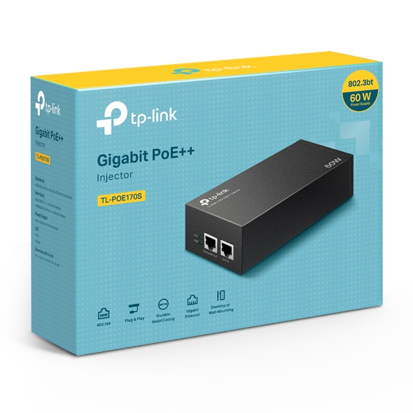 TP-Link TL-POE170S Omada PoE++ Injector, 2 Gigabit Ports, 802.3af /at /bt, Integrated Power Supply, Wall Mountable, Plug and Play