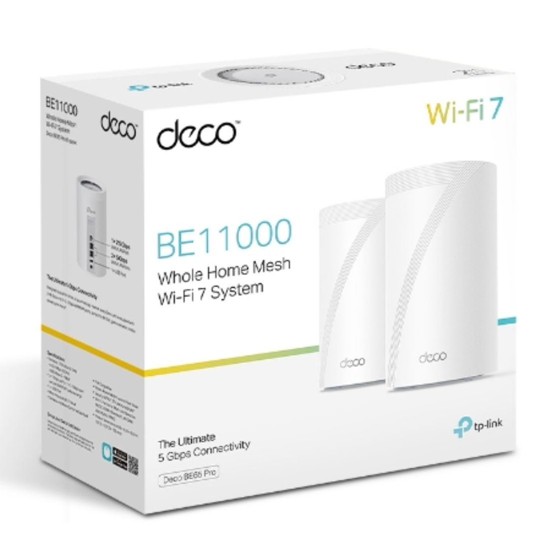 TP-Link Deco BE65 Pro(2-pack) BE11000 Whole Home Mesh WiFi 7 System, 688 Mbps at 2.4 GHz + 4320 Mbps at 5 GHz + 5760 Mbps at 6 GHz