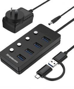 Simplecom CH345C SuperSpeed USB-A and USB-C to 4-Port USB 3.0 Hub 5Gbps Individual Switches and Power Adapter